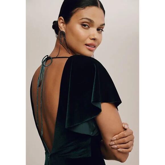 JENNY YOO BHLDN Ellis Flutter-Sleeve OpenBack Velvet Gown 6 Emerald Green Dress - Picture 10 of 14